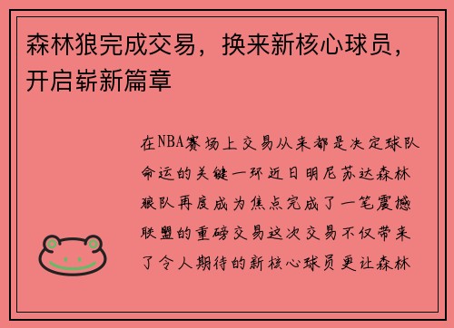 森林狼完成交易，换来新核心球员，开启崭新篇章